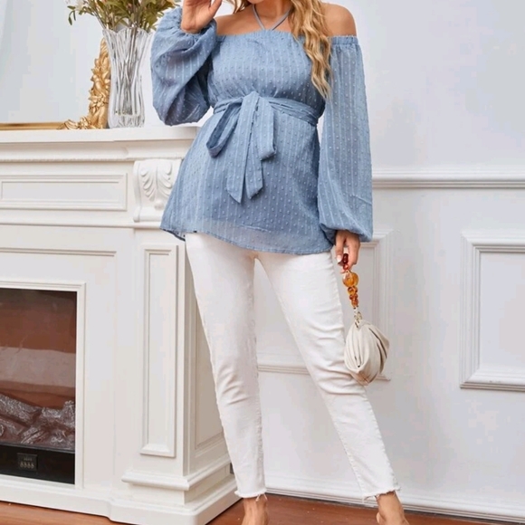 Maternity Swiss Dot Halterneck Belted Blouse - Picture 5 of 6